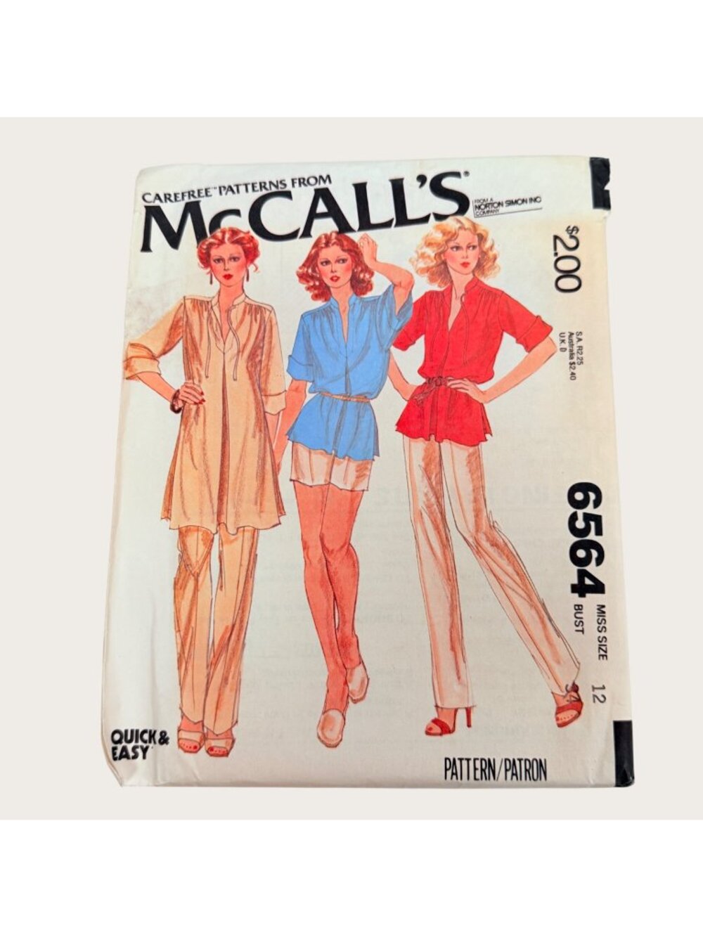 Vintage 1970s McCalls Sewing Pattern 6564 Misses Tunic Pants Shorts Size 12